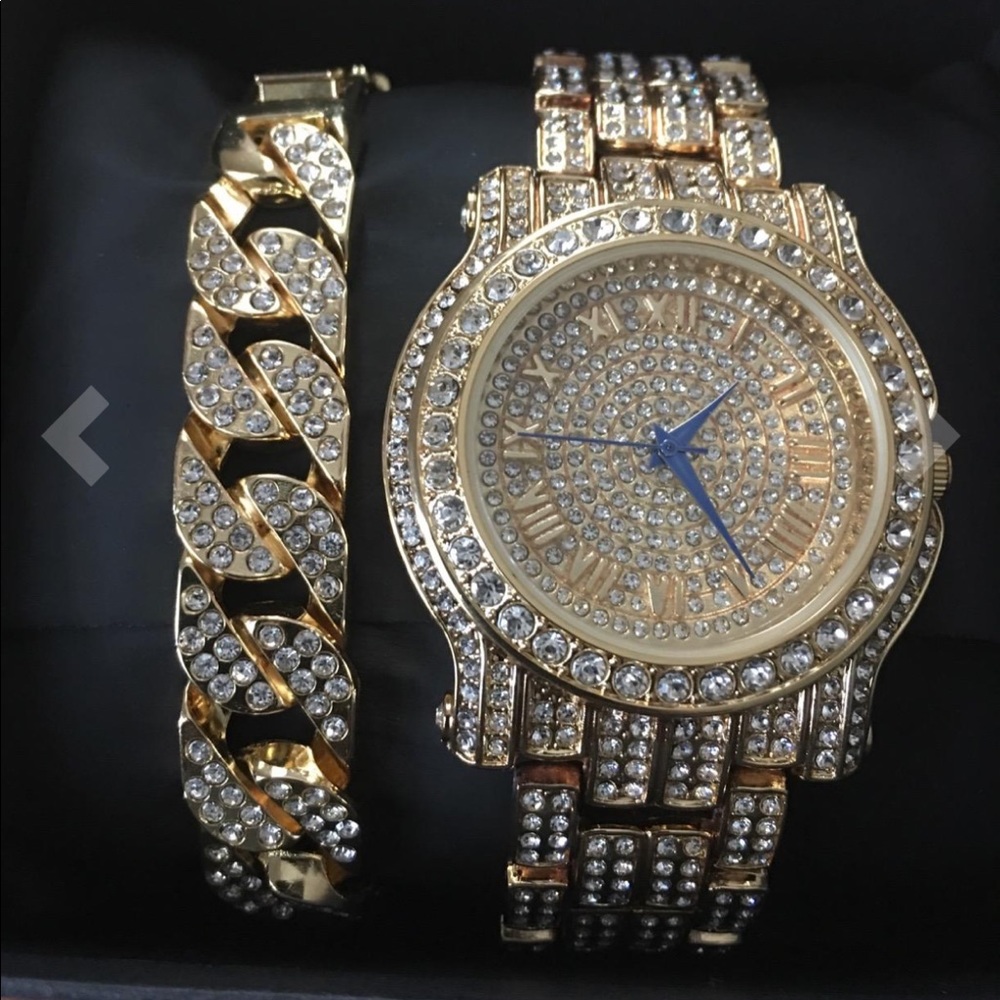 Mens Bustdown Watch Cubic Zirconia studded w/ matching Cuban Link Bracelet 2 pcs